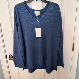 V-Neck Knit Ribbed Long Sleeve Top